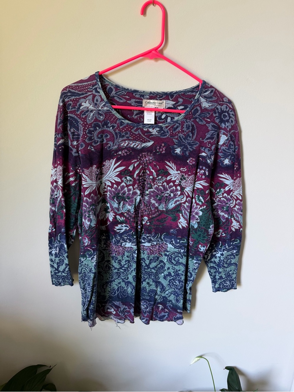 Coldwater Creek, Women's Floral Ombre Long Sleeve Top, Purple/Teal, 1X, 3/4 Slee